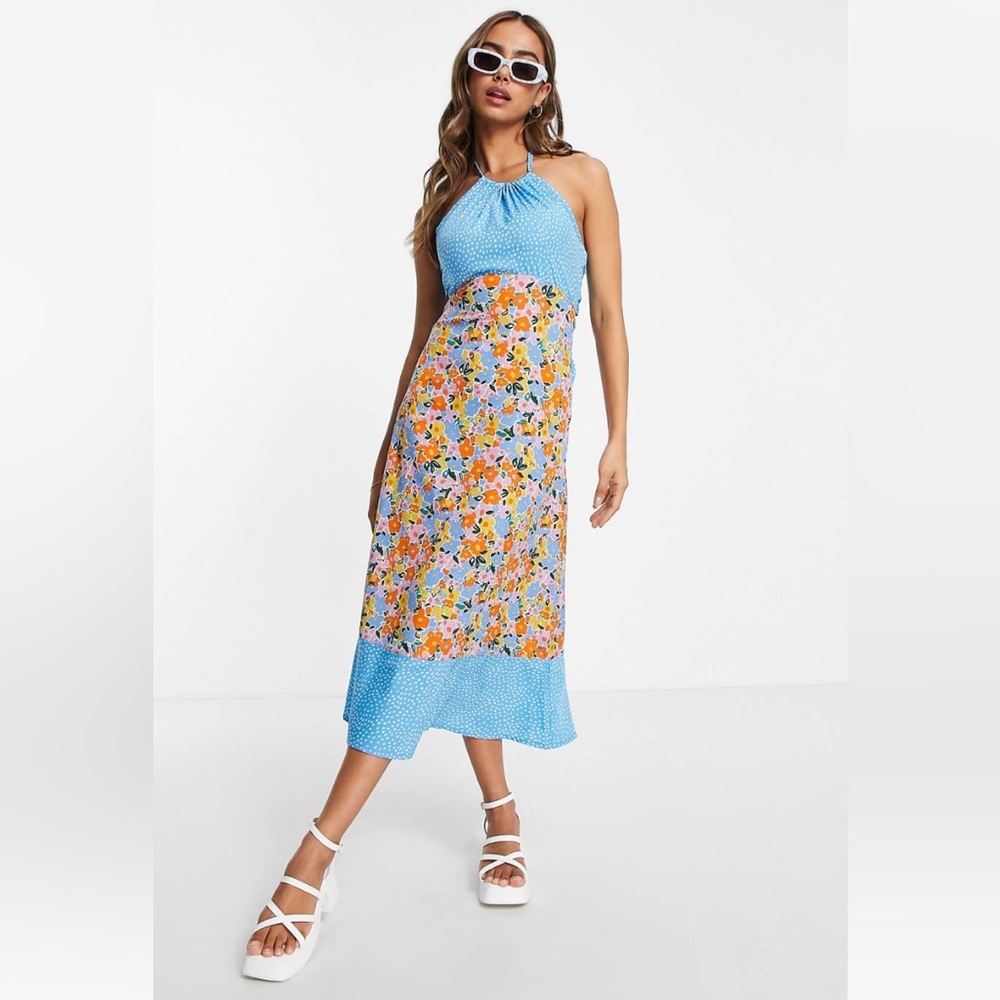 ASOS Influence Halter Neck Midi Dress in mixed floral polka dot print